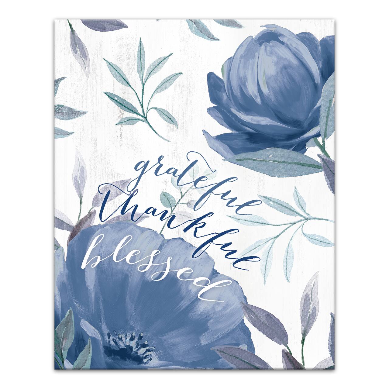 Blue Floral Grateful Thankful Blessed Canvas Wall Art
